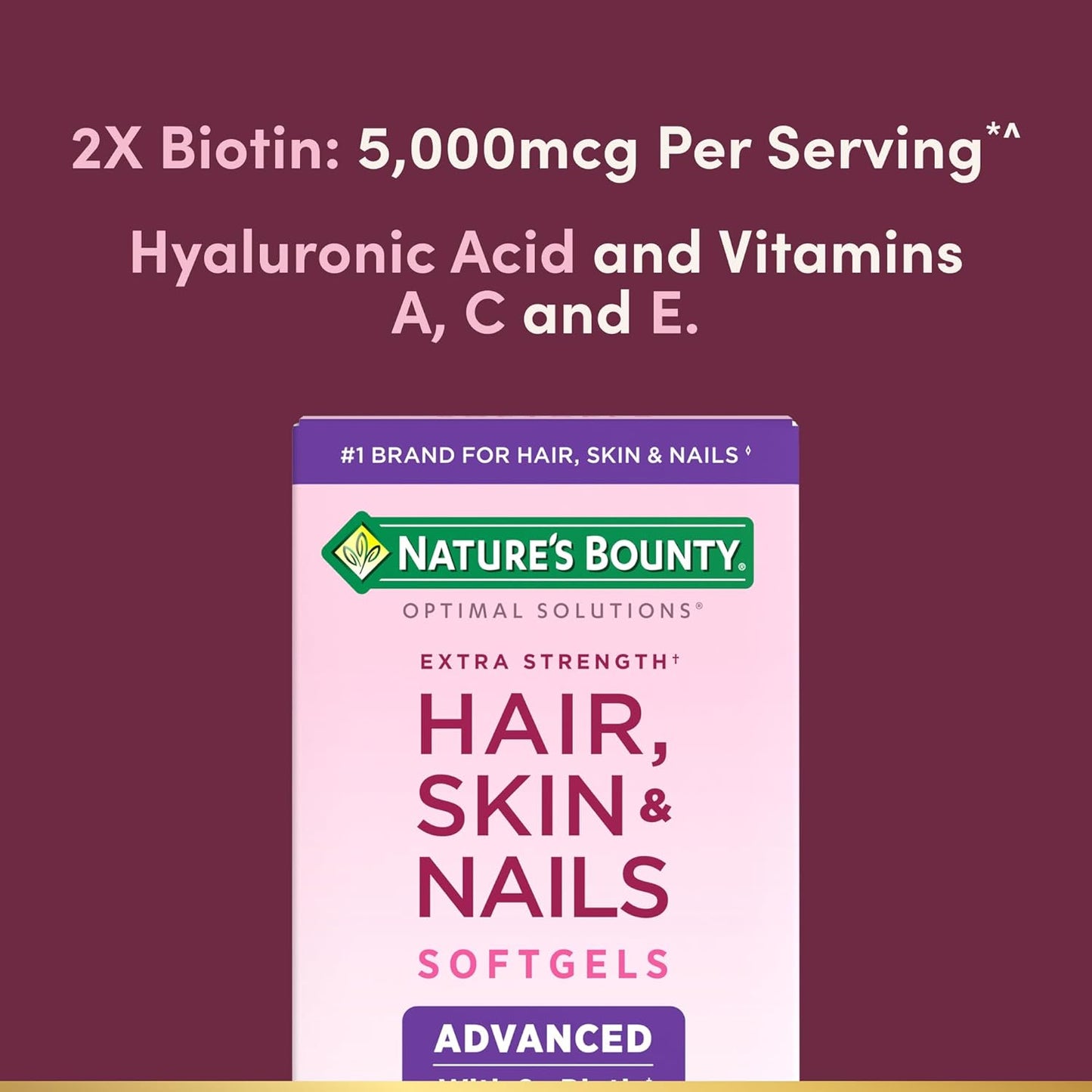 Nature'S Bounty Advanced Hair, Skin & Nails, Argan-Infused Vitamin Supplement with Biotin and Hyaluronic Acid, 150 Rapid Release Softgels, 50 Total Servings