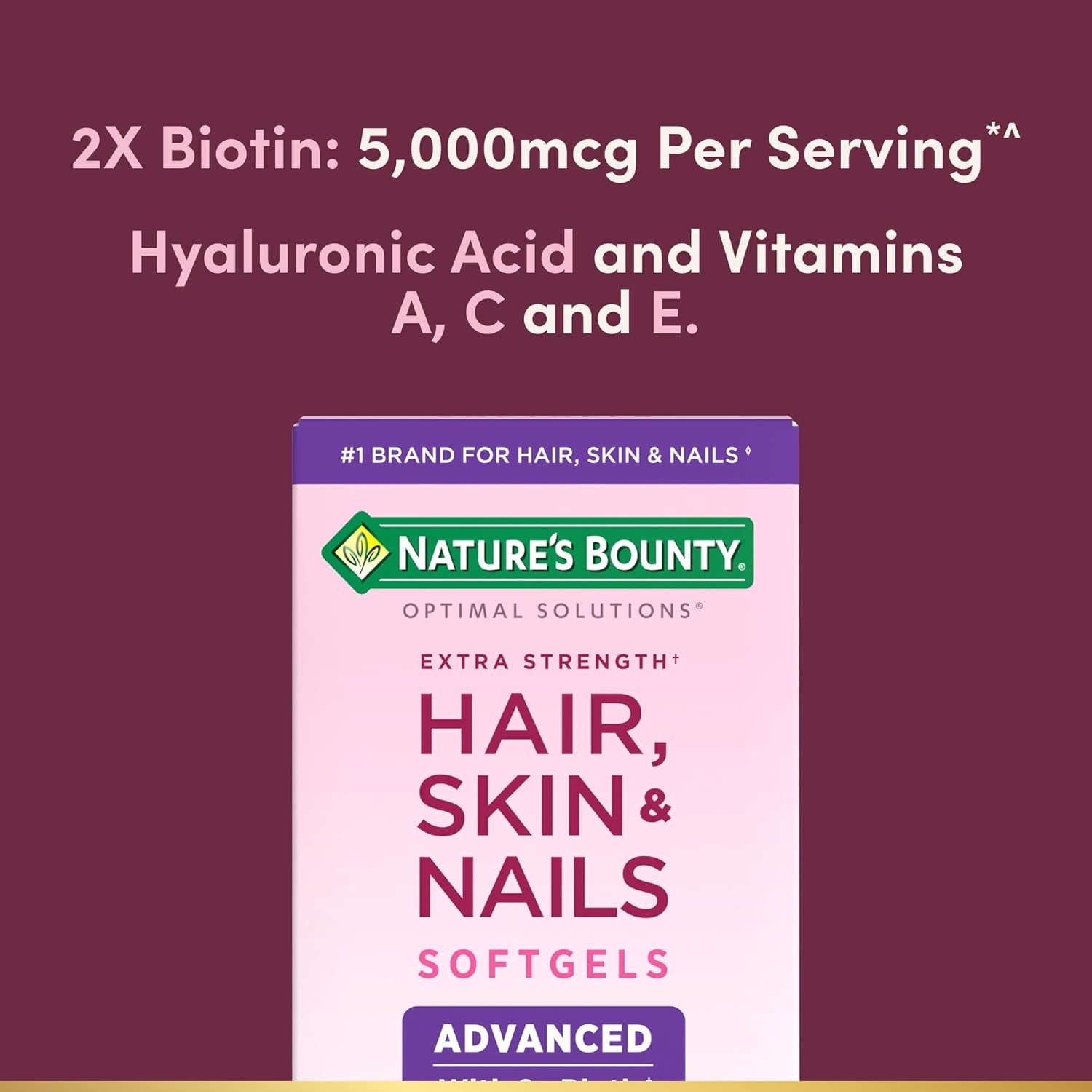 Nature'S Bounty Advanced Hair, Skin & Nails, Argan-Infused Vitamin Supplement with Biotin and Hyaluronic Acid, 150 Rapid Release Softgels, 50 Total Servings