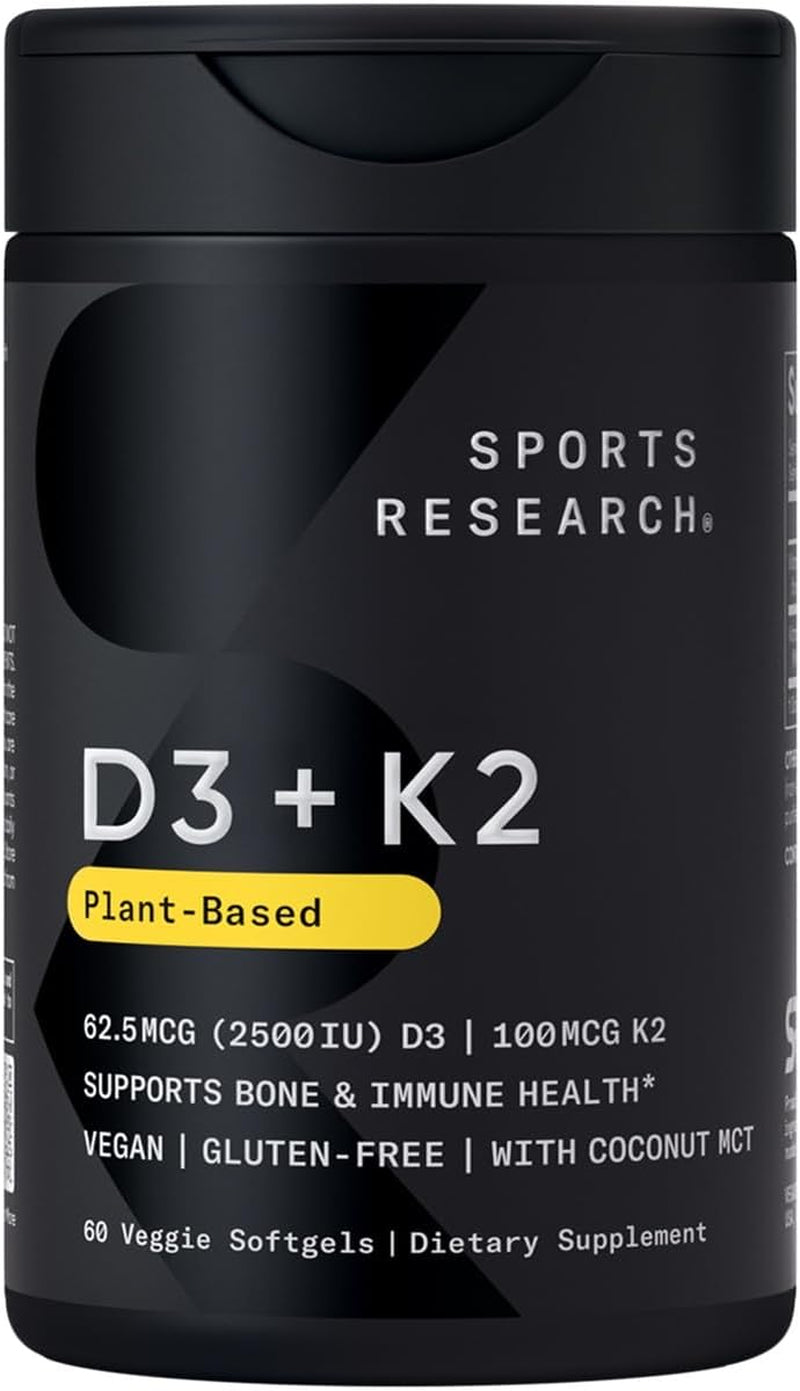 Sports Research® Vitamin D3 + K2 W/Coconut Oil - Vegan Vitamin D 2500Iu & Mk7 Vitamin K 100Mcg for Bone & Immune Support - Vegan Certified · Non-Gmo · Soy Free - 60 Softgels