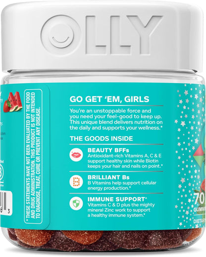 Olly Teen Girl Multi Gummy, Healthy Skin and Immune Support, 15 Essential Vitamins, Biotin, Zinc, Calcium, Chewable Multivitamin, Berry Melon, 35 Day Supply, 70 Count