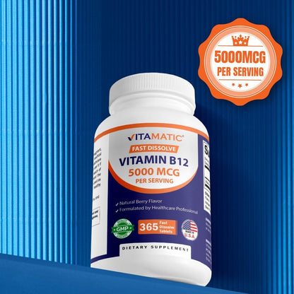 Vitamin B12 5000 Mcg – 365 Fast Dissolve Tablets Berry Flavor – Supports Energy Production & Nervous System Health – Non-Gmo, Gluten-Free