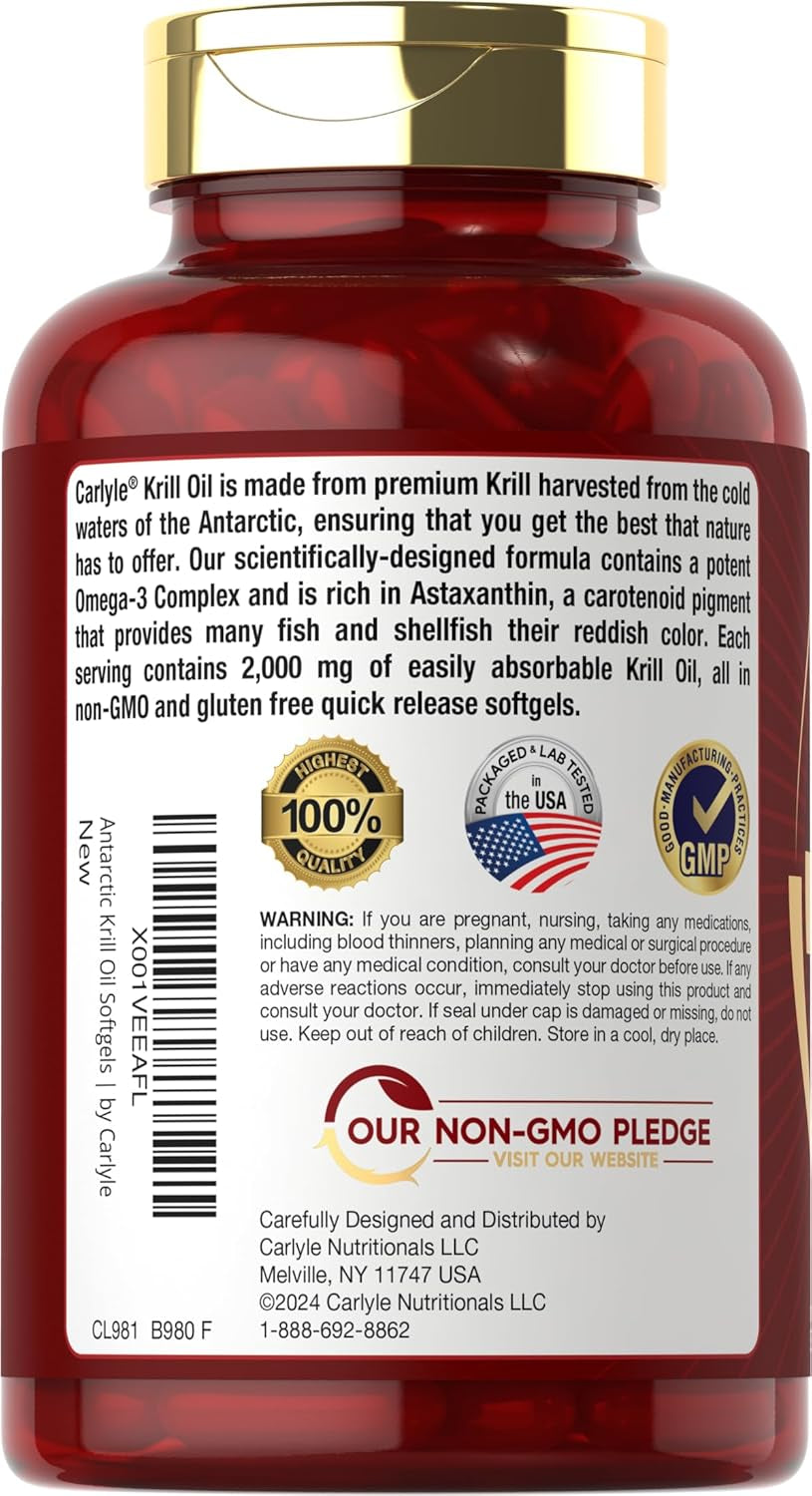 Carlyle Antarctic Krill Oil 2000 Mg 120 Softgels | Omega-3 EPA, DHA, with Astaxanthin Supplement Sourced from Red Krill | Maximum Strength | Laboratory Tested
