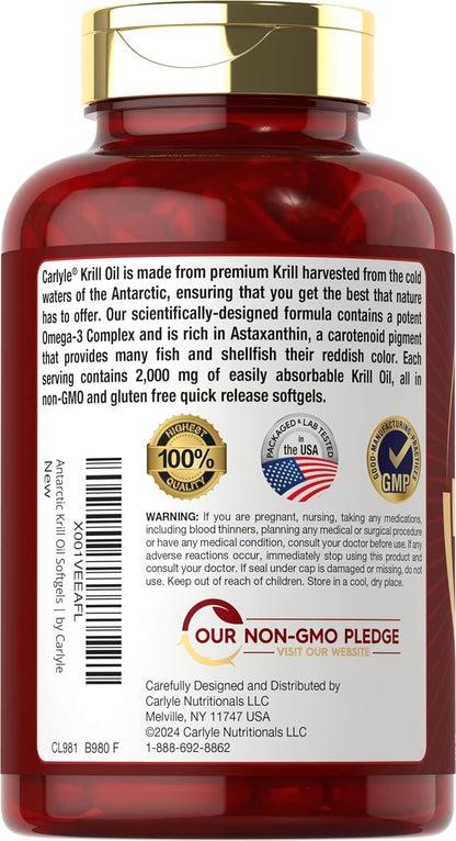 Carlyle Antarctic Krill Oil 2000 Mg 120 Softgels | Omega-3 EPA, DHA, with Astaxanthin Supplement Sourced from Red Krill | Maximum Strength | Laboratory Tested