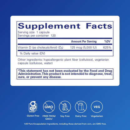 Pure Encapsulations Vitamin D3 125 Mcg (5,000 IU) - Supplement to Support Bone, Joint, Breast, Heart, Colon, and Immune Health* - with Vitamin D - 120 Capsules