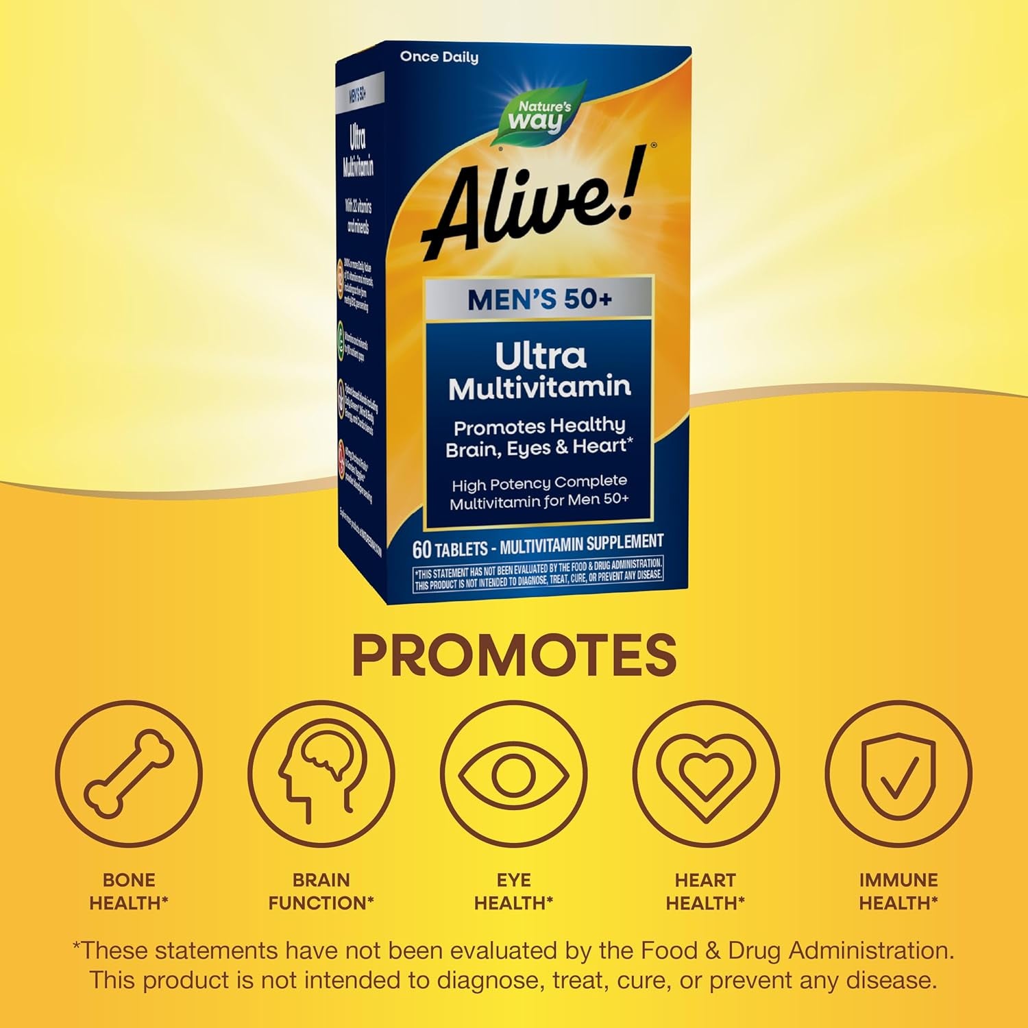 Nature'S Way Alive! Men’S 50+ Daily Ultra Multivitamin, High  Formula, Supports Healthy Brain, Eyes & Heart*, with Methylated B12, Gluten-Free, 60 Tablets (Packaging May Vary)