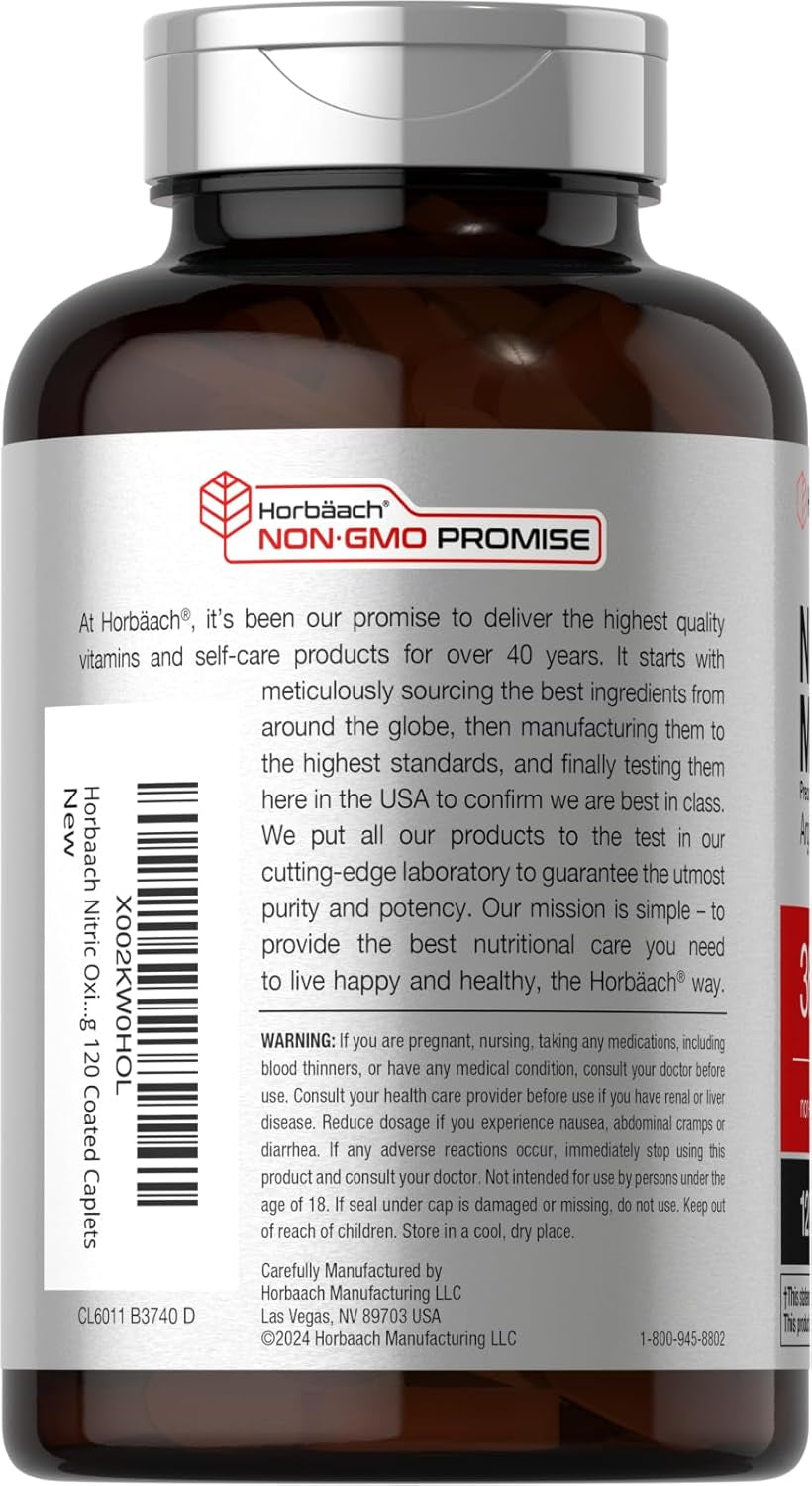 Horbäach Nitric Oxide Max 3600Mg | 120 Caplets | with Arginine AAKG for Men and Women | Vegetarian, Non-Gmo, & Gluten Free Pre Workout Supplement