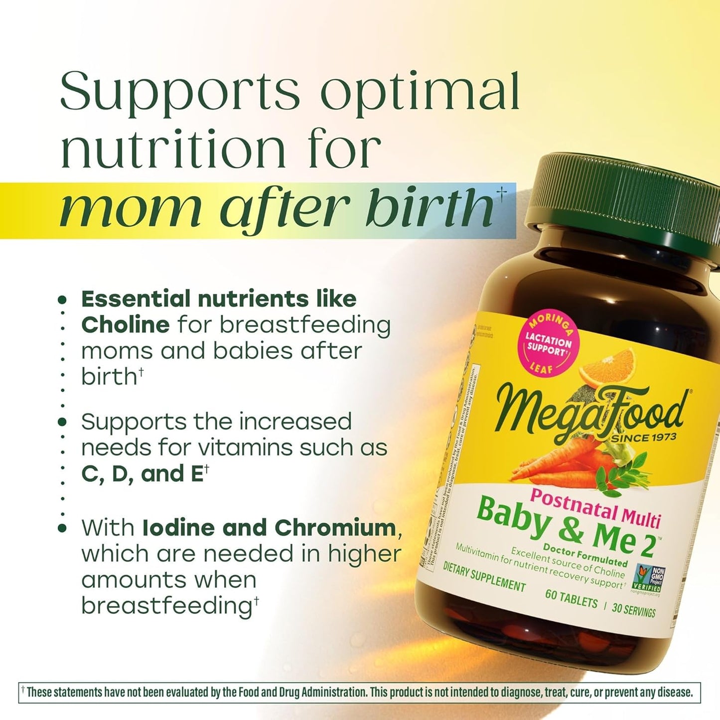 Megafood Baby & Me 2 Postnatal Vitamins for Women Breastfeeding with Folate (Folic Acid Natural Form), Choline, Iodine, Vitamin D, Moringa Leaf and More - 120 Tabs (60 Servings)