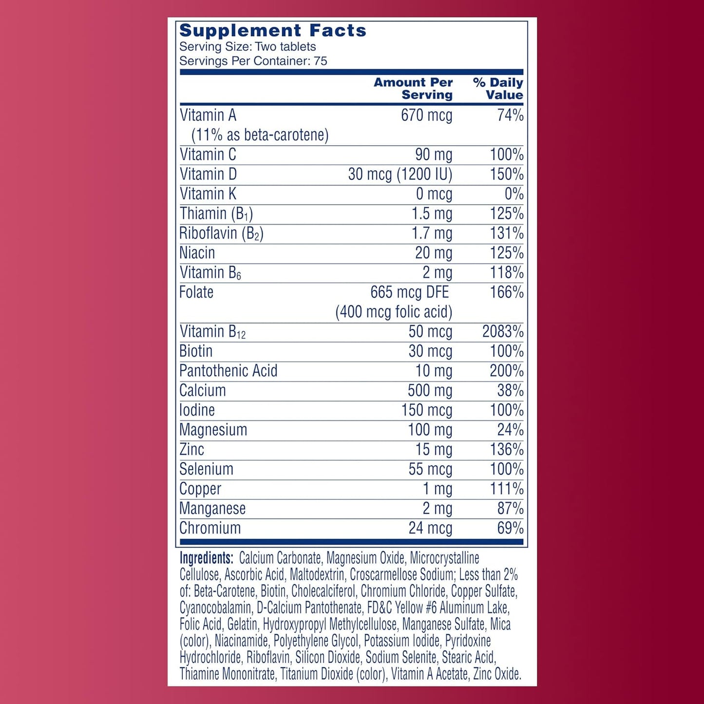 One a Day Proactive 65+, Mens & Womens Multivitamin, Supplement with Vitamin A, C, D, and Zinc to Support Bone Health & Cell Health, Calcium, Folic Acid, Tablet 150 Count