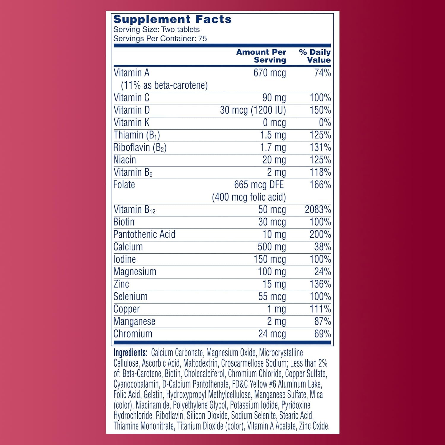 One a Day Proactive 65+, Mens & Womens Multivitamin, Supplement with Vitamin A, C, D, and Zinc to Support Bone Health & Cell Health, Calcium, Folic Acid, Tablet 150 Count