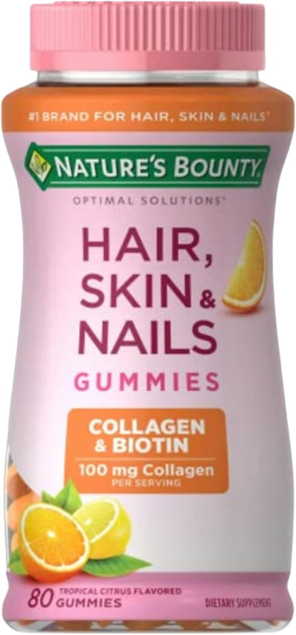 Nature'S Bounty Optimal Solutions Hair, Skin & Nails with Biotin and Collagen, Citrus-Flavored Gummies Vitamin Supplement, 2500 Mcg, 80 Ct, 40 Total Servings