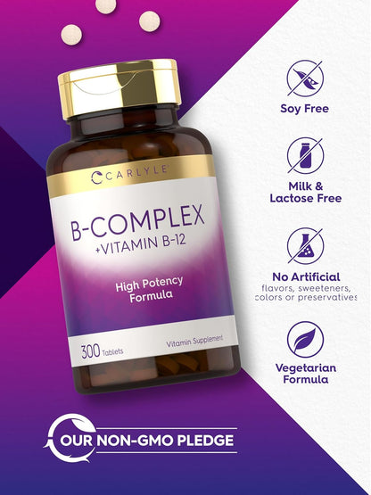 Carlyle B-Complex Vitamin with B12 | 300 Tablets | High  Formula | Vegetarian and Non-Gmo Supplement