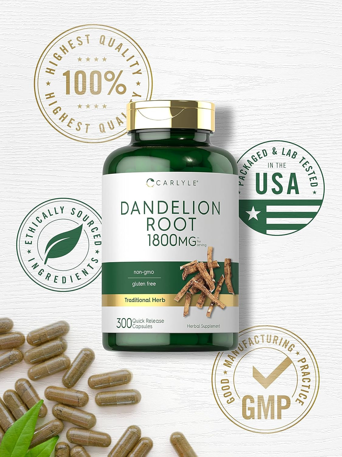 Carlyle Dandelion Root | 1800Mg | 300 Capsules | Non-Gmo, Gluten Free Supplement