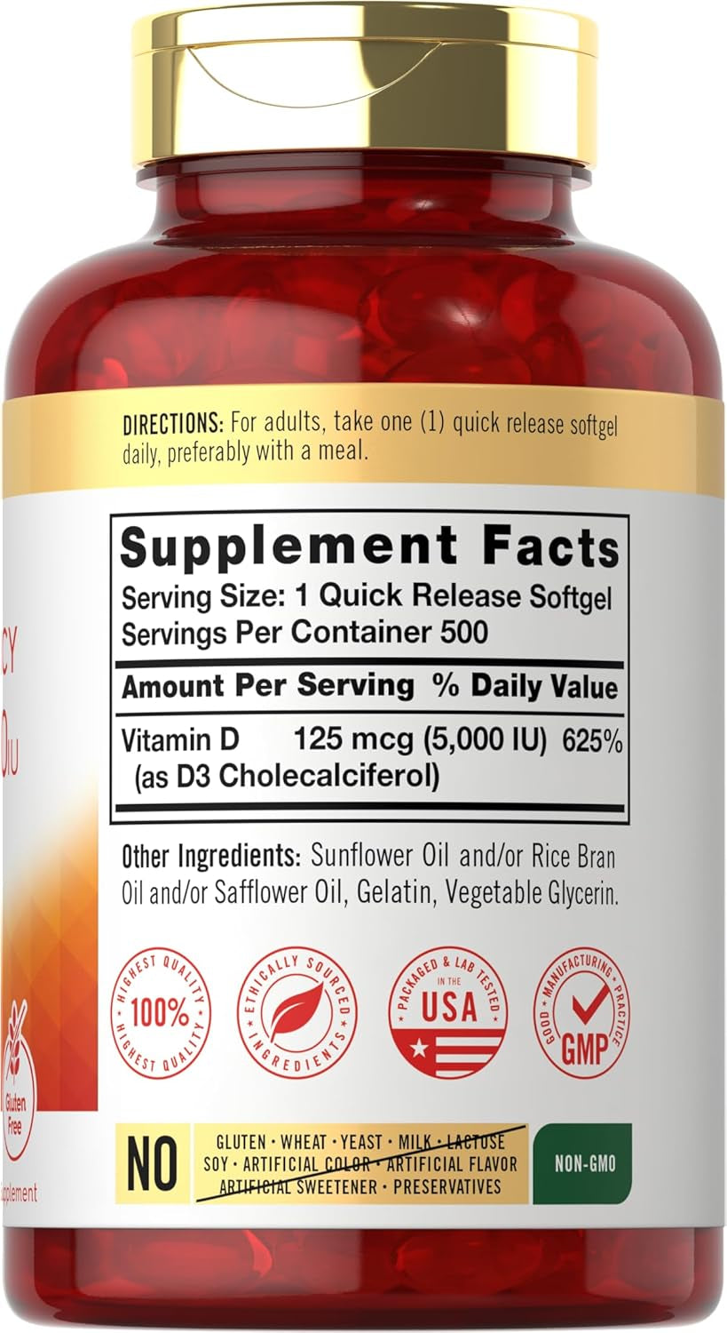 Carlyle Vitamin D3 5000 IU Softgels | 500 Count | Value Size | Non-Gmo and Gluten Free Supplement | High  Formula | 125Mcg