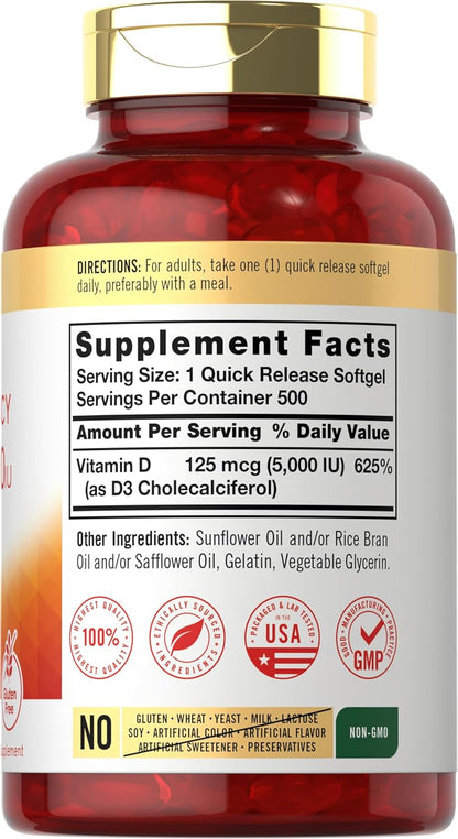 Carlyle Vitamin D3 5000 IU Softgels | 500 Count | Value Size | Non-Gmo and Gluten Free Supplement | High  Formula | 125Mcg