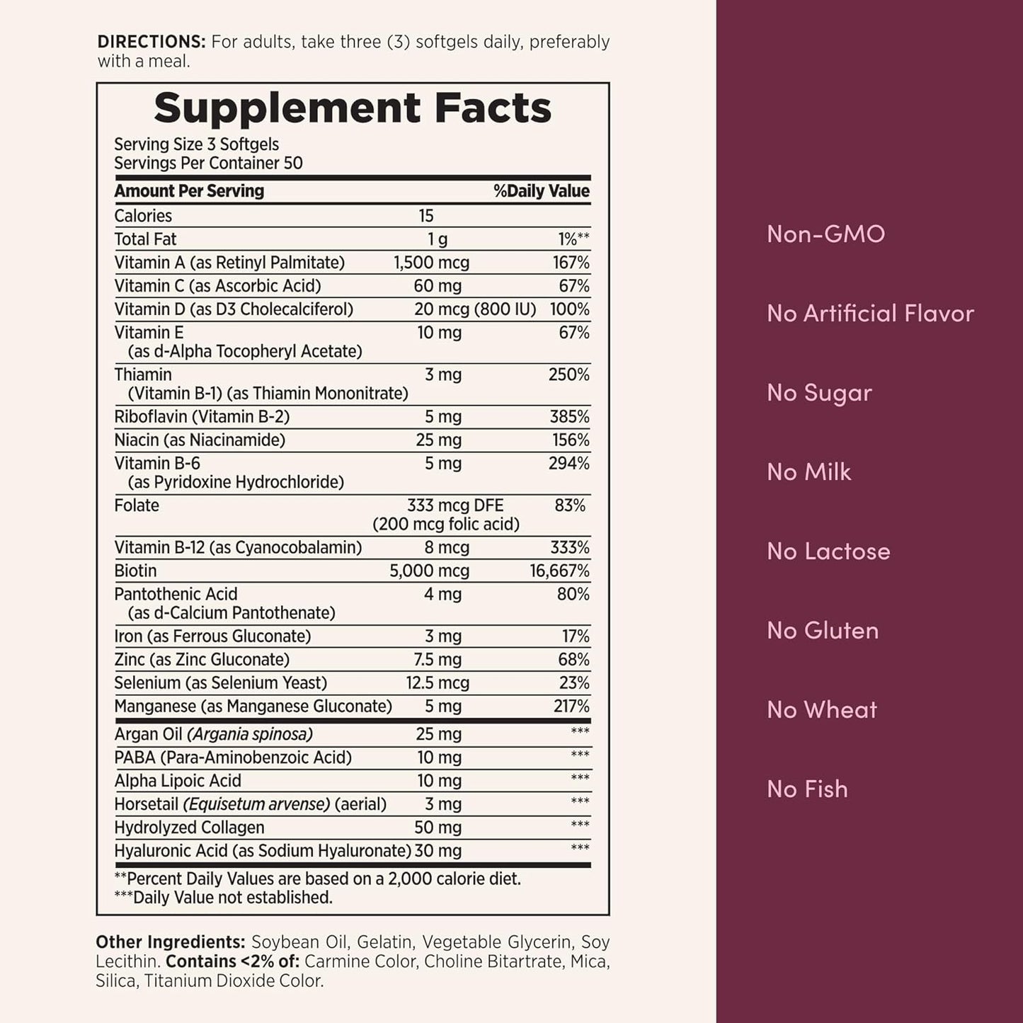 Nature'S Bounty Advanced Hair, Skin & Nails, Argan-Infused Vitamin Supplement with Biotin and Hyaluronic Acid, 150 Rapid Release Softgels, 50 Total Servings