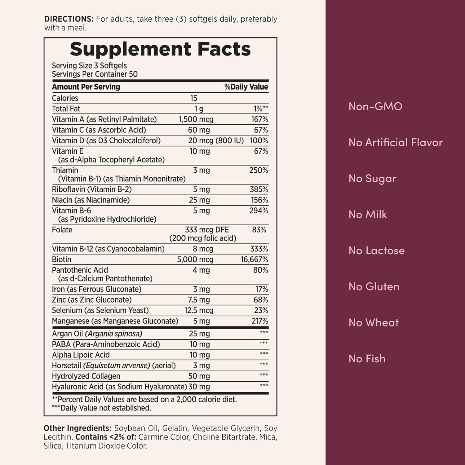 Nature'S Bounty Advanced Hair, Skin & Nails, Argan-Infused Vitamin Supplement with Biotin and Hyaluronic Acid, 150 Rapid Release Softgels, 50 Total Servings