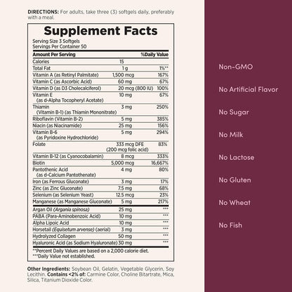 Nature'S Bounty Advanced Hair, Skin & Nails, Argan-Infused Vitamin Supplement with Biotin and Hyaluronic Acid, 150 Rapid Release Softgels, 50 Total Servings