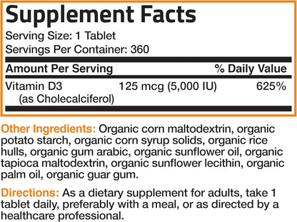 Bronson Vitamin D3 5,000 IU (125 Mcg) Certified Organic High  Non-Gmo Vitamin D Supplement, 360 Tablets
