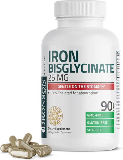 Bronson Iron Bisglycinate 25 Mg Gentle on the Stomach, Supports Energy & Healthy Red Blood Cell Production - Non-Constipating Formula - Non GMO, 90 Vegetarian Capsules