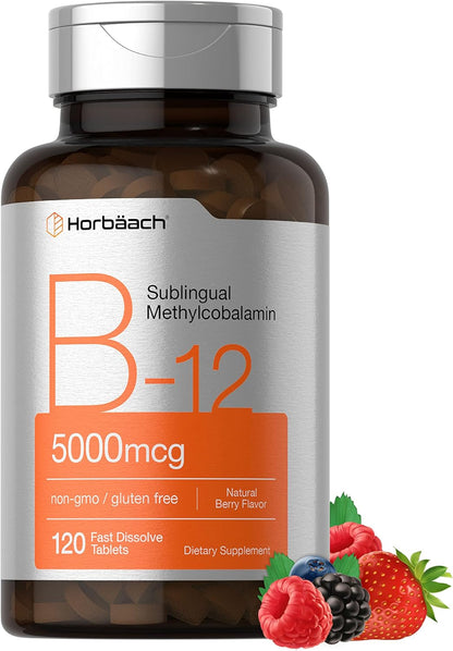 Horbäach B12 Vitamin 5000 Mcg | 120 Fast Dissolve Tablets | Sublingual Methylcobalamin | Vegetarian, Non-Gmo & Gluten Free Supplement