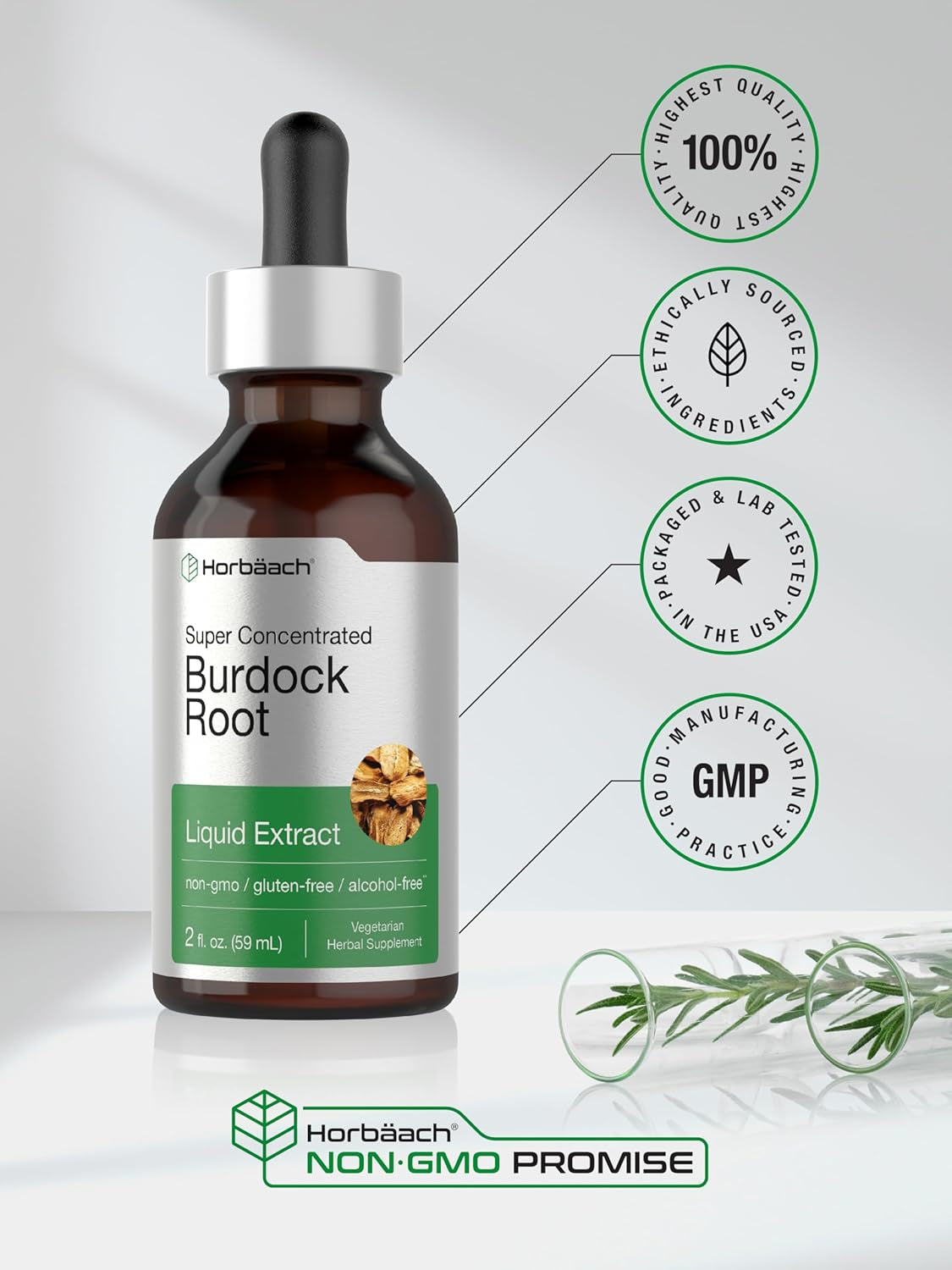 Horbäach Burdock Root Tincture | 2 Fl Oz | Super Concentrated Herb Extract | Vegetarian, Non-Gmo, Glutren Free, Alcohol Free