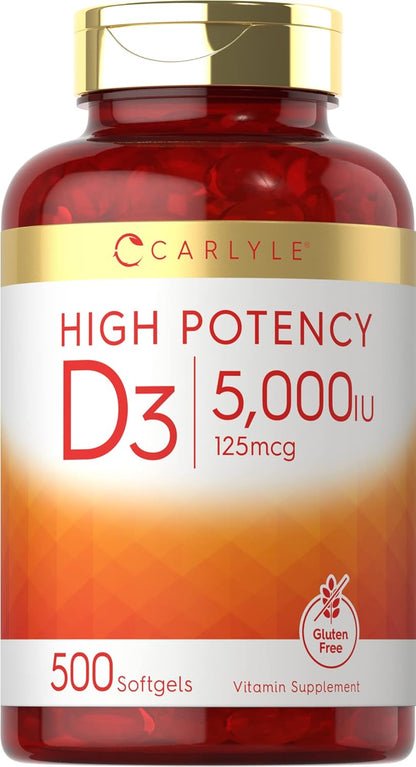 Carlyle Vitamin D3 5000 IU Softgels | 500 Count | Value Size | Non-Gmo and Gluten Free Supplement | High  Formula | 125Mcg