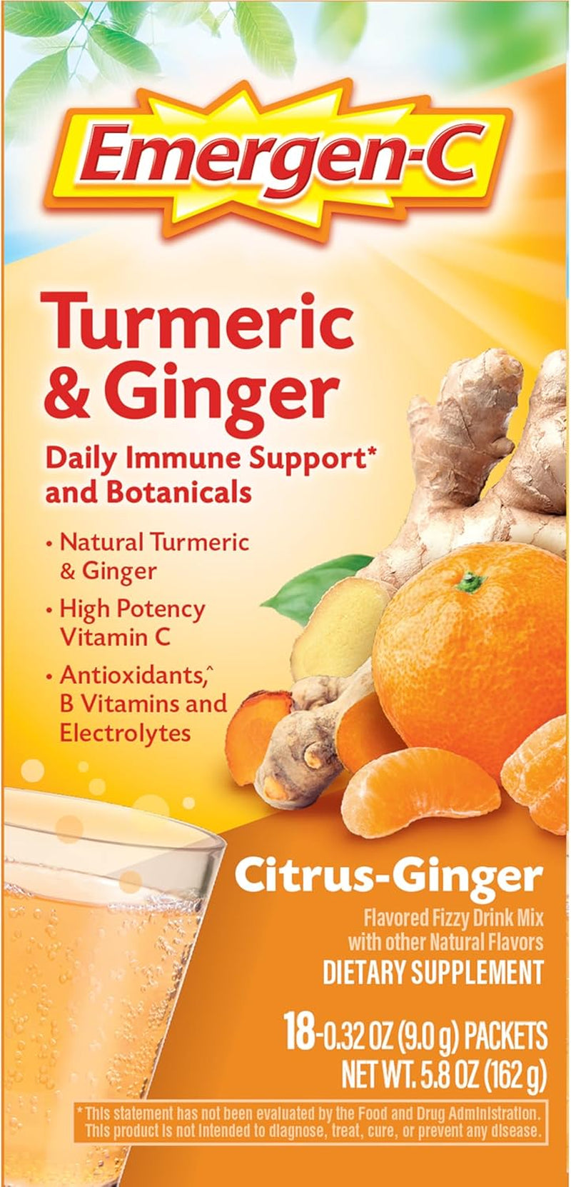Emergen-C Citrus-Ginger Fizzy Drink Mix, Turmeric and Ginger, Immune Support, Natural Flavors with High  Vitamin C, 18 Count