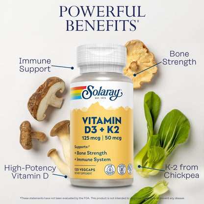 SOLARAY Vitamin D3 K2 - Bone Health and Immune Support Supplement - with 5000 IU Vitamin D as Vit D3 and 50 Mcg Vitamin K2 as Menoquinone MK7, Made without Soy, 60-Day Guarantee, 120 Serv, 120 Vegcaps