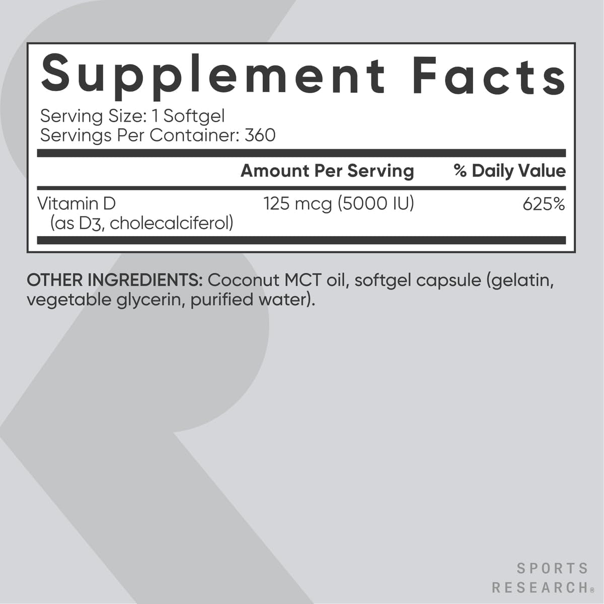 Sports Research® Vitamin D3 W/Coconut MCT Oil - High  Vitamin D3 5000Iu (125Mcg) Supplement for Immune & Bone Support - Seed Oil Free - Non-Gmo - Gluten Free (360 Liquid Softgels)