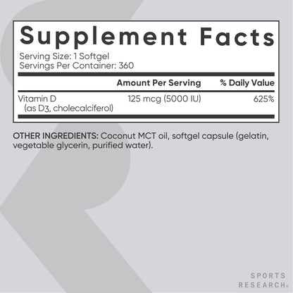 Sports Research® Vitamin D3 W/Coconut MCT Oil - High  Vitamin D3 5000Iu (125Mcg) Supplement for Immune & Bone Support - Seed Oil Free - Non-Gmo - Gluten Free (360 Liquid Softgels)