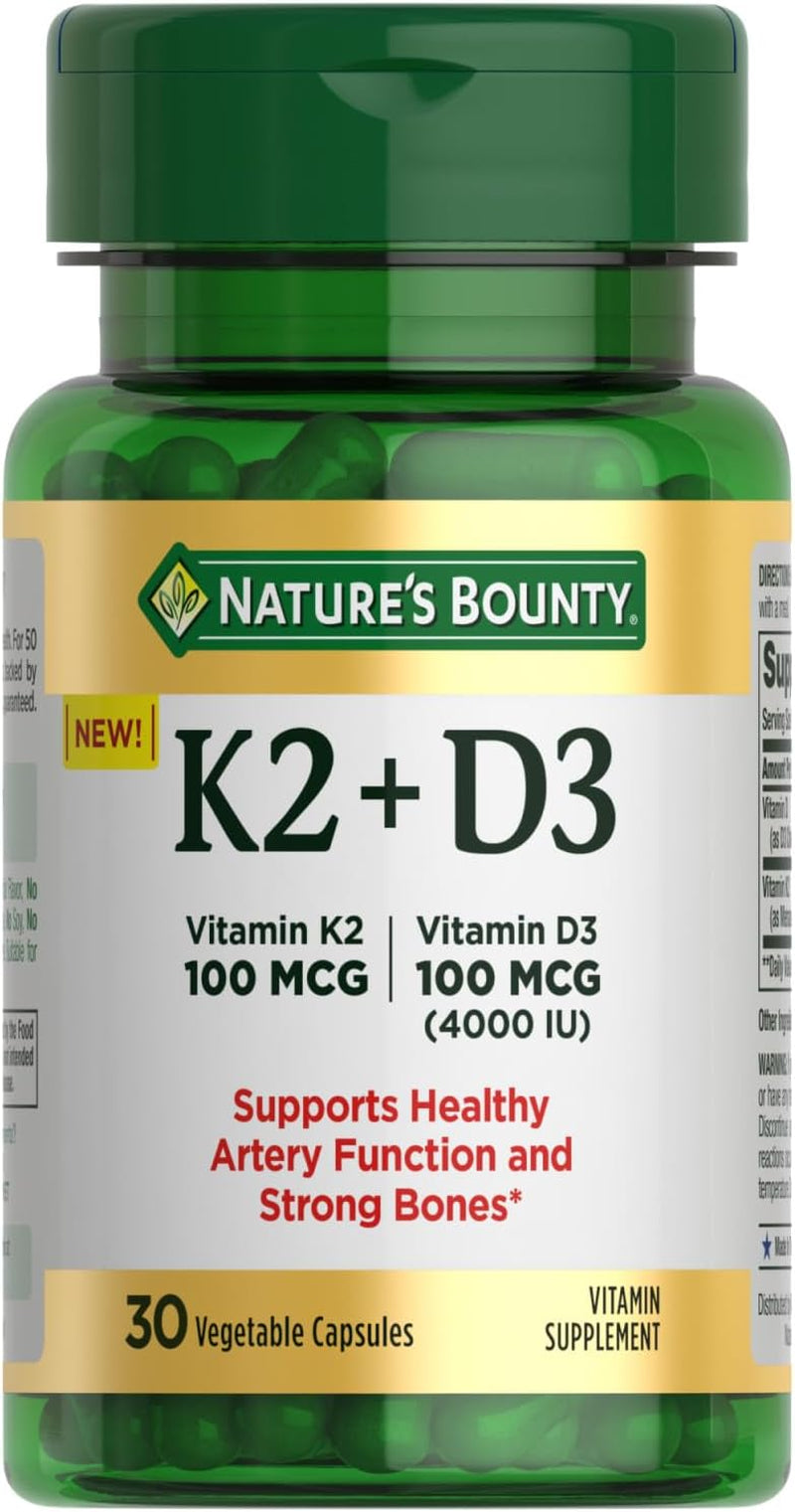 Nature’S Bounty Vitamin D3 K2 Supplement, 4000 IU Vitamin D3 plus 100 Mcg of Vitamin K Supplements for Adults for Heart & Bone Health Support, 30 Day Supply, 30 Vegetarian Capsules