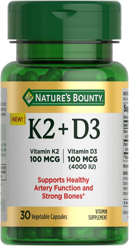 Nature’S Bounty Vitamin D3 K2 Supplement, 4000 IU Vitamin D3 plus 100 Mcg of Vitamin K Supplements for Adults for Heart & Bone Health Support, 30 Day Supply, 30 Vegetarian Capsules