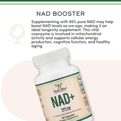 NAD+ anti Aging & Cell Regeneration | 500Mg of 95% Pure NAD plus per Serving, 30 Day Supply | Similar to Nicotinamide Riboside | Third Party Tested, Vegan Safe, Non-Gmo