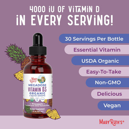 Maryruth Organics Vitamin D3 Liquid Drops | Megadose 4000 IU | USDA Organic Liquid Vitamin D Spray for Adults & Kids | Immune Support & Bone Health | Vegan | Gluten Free | Non-Gmo | 30 Servings