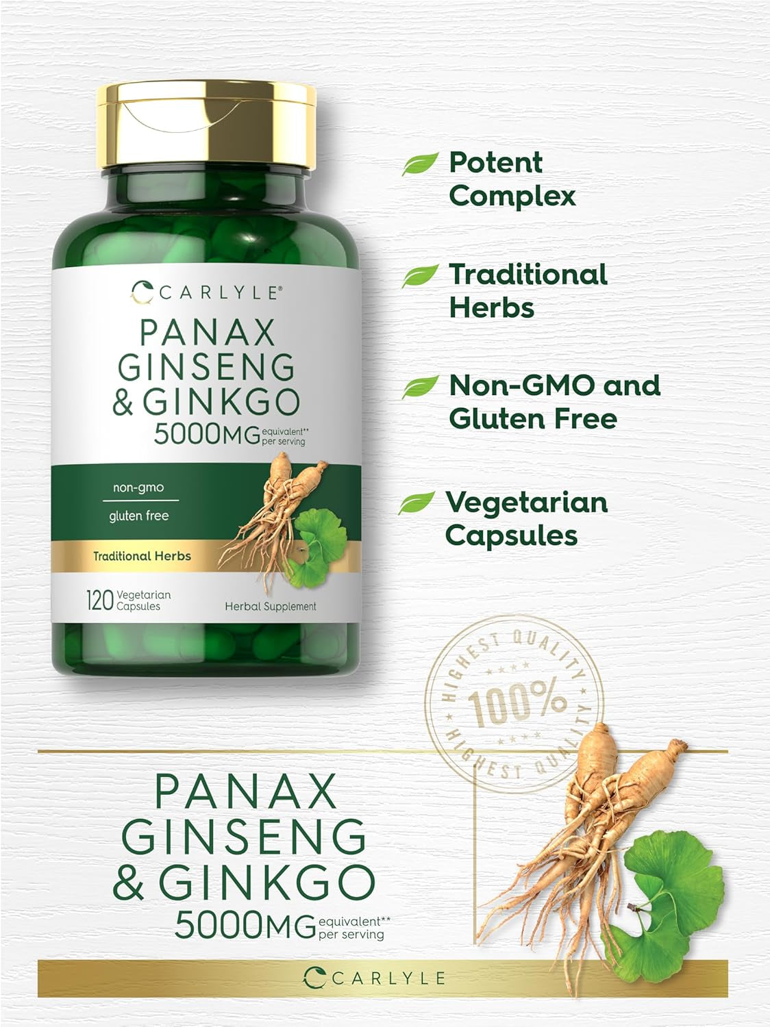 Carlyle Panax Ginseng & Ginkgo 5000Mg | 120 Vegetarian Capsules | Non-Gmo & Gluten Free Supplement