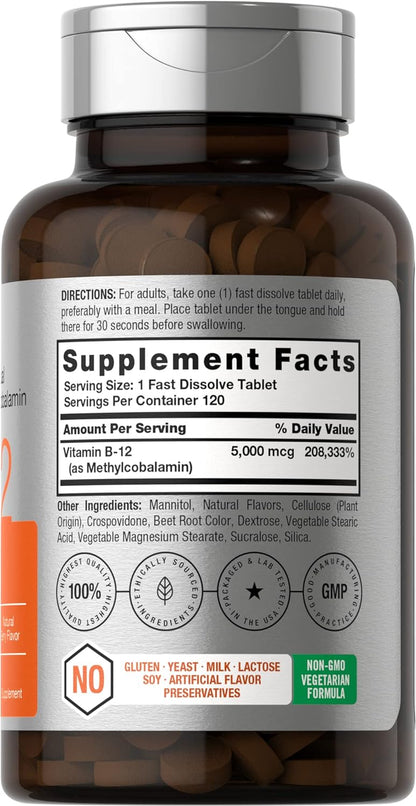 Horbäach B12 Vitamin 5000 Mcg | 120 Fast Dissolve Tablets | Sublingual Methylcobalamin | Vegetarian, Non-Gmo & Gluten Free Supplement