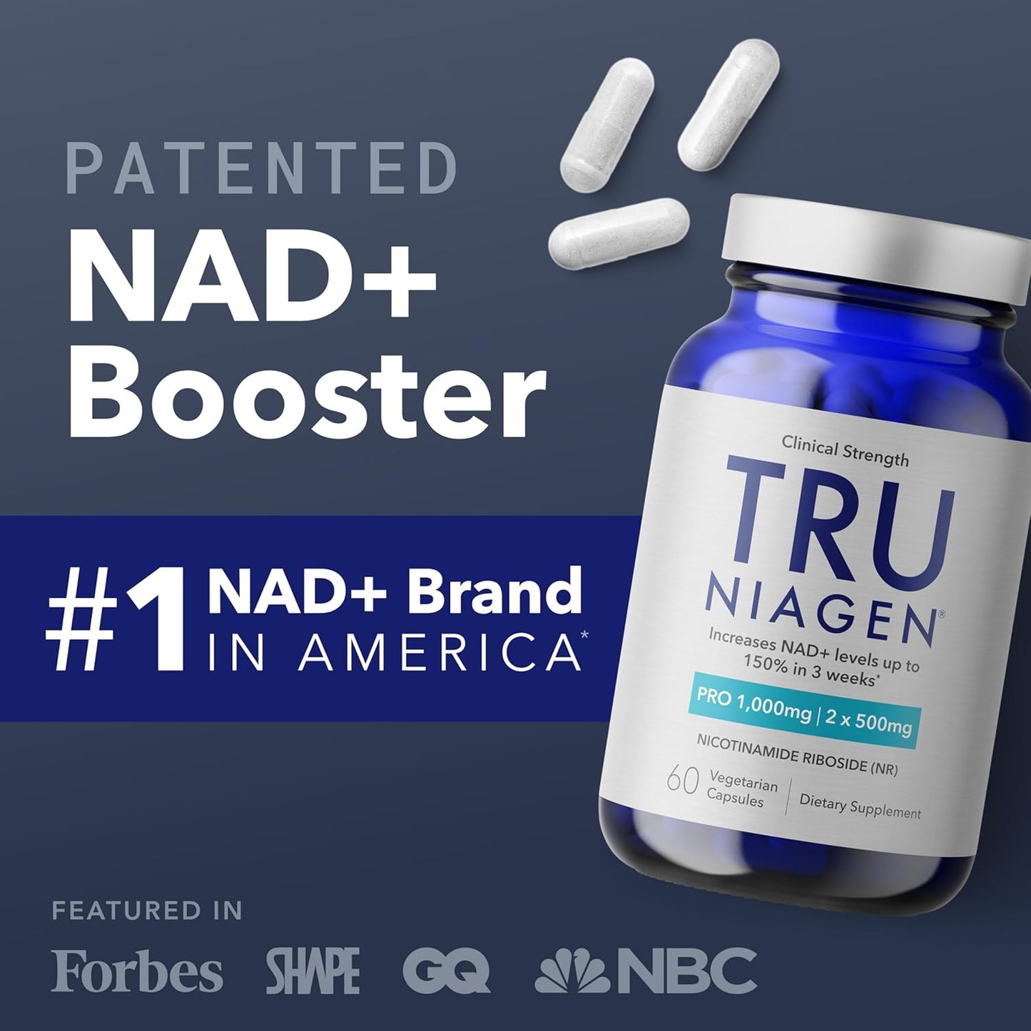TRU NIAGEN PRO NAD+ Supplement for Brain Function, anti Aging and Cell Regeneration, 2 X 500Mg Patented Niagen, 30 1000Mg Servings | Supports Cellular Energy | Nicotinamide Riboside (NR) Take 2 Daily
