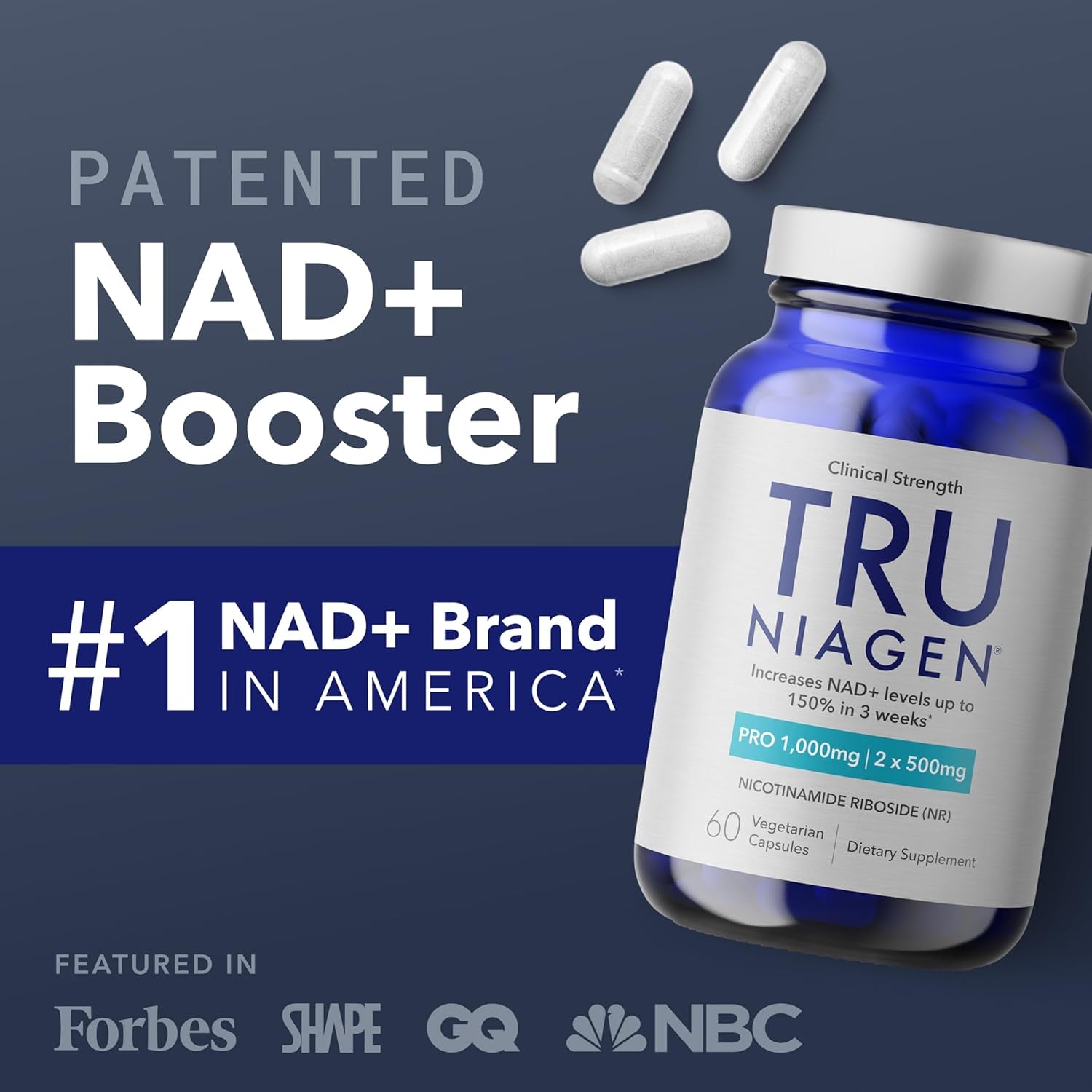 TRU NIAGEN PRO NAD+ Supplement for Brain Function, anti Aging and Cell Regeneration, 2 X 500Mg Patented Niagen, 30 1000Mg Servings | Supports Cellular Energy | Nicotinamide Riboside (NR) Take 2 Daily