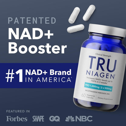 TRU NIAGEN PRO NAD+ Supplement for Brain Function, anti Aging and Cell Regeneration, 2 X 500Mg Patented Niagen, 30 1000Mg Servings | Supports Cellular Energy | Nicotinamide Riboside (NR) Take 2 Daily