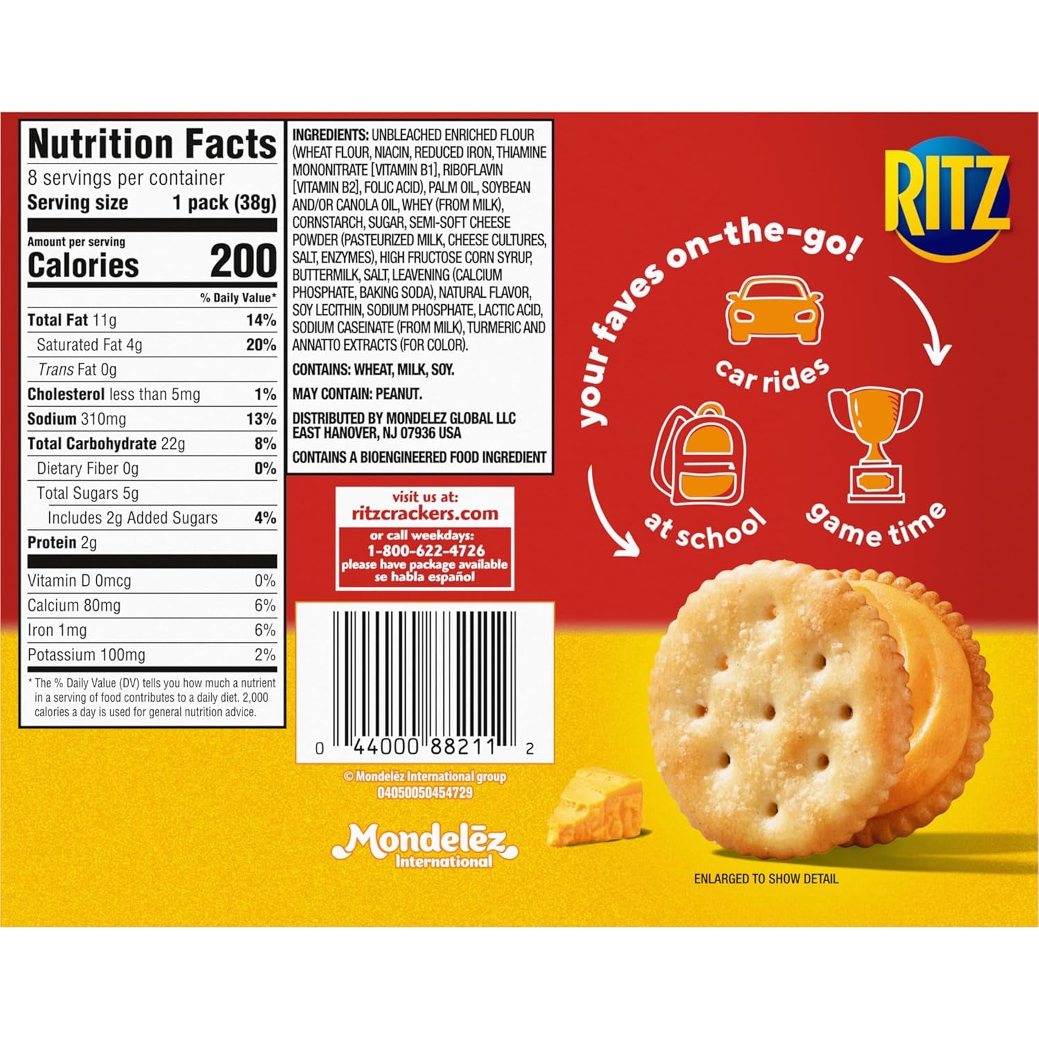 RITZ Cheese Sandwich Crackers, Lunch Snacks, 8 Ct. Case of 6