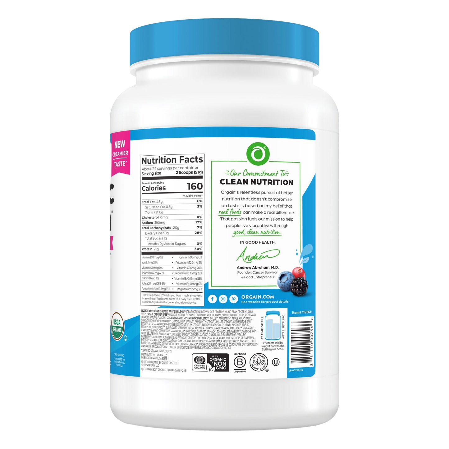 Orgain Organic Protein and Superfoods Plant Based Protein Powder, Vanilla Bean, 2.7 Lbs