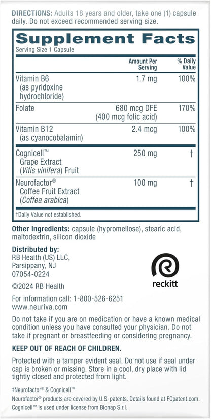 NEURIVA Memory 3D Brain Supplement - Decaffeinated Nootropic Capsules for Memory, Focus, & Cognitive Function - Short Term, Long Term, & Working Memory Support - 50Ct