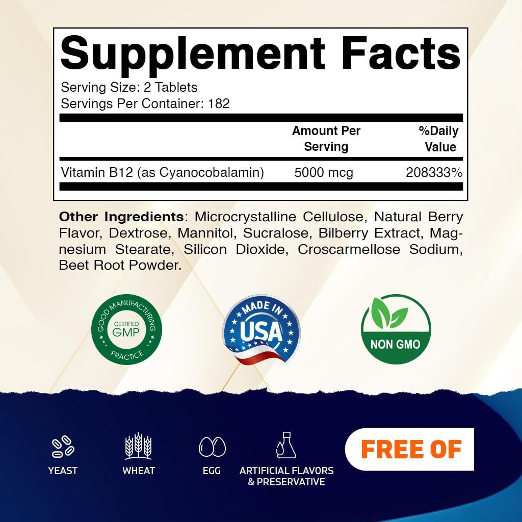 Vitamin B12 5000 Mcg – 365 Fast Dissolve Tablets Berry Flavor – Supports Energy Production & Nervous System Health – Non-Gmo, Gluten-Free
