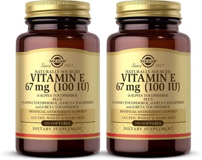 Solgar Vitamin E 67 Mg (100 IU) - 100 Softgels, Pack of 2 - Antioxidant Support - Gluten & Dairy Free - 200 Total Servings