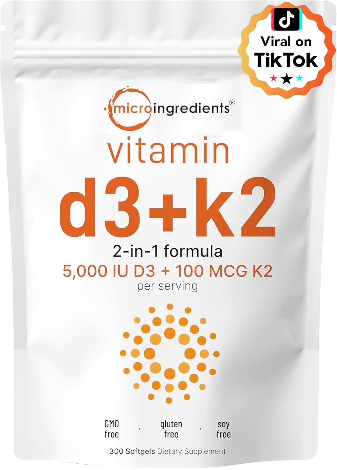 Micro Ingredients Vitamin D3 5,000 IU + K2 MK-7 100 Mcg, 300 Softgels | 2-In-1 Vitamins D & K Complex | Extra Strength, Easy to Swallow, Non-Gmo, Gluten Free