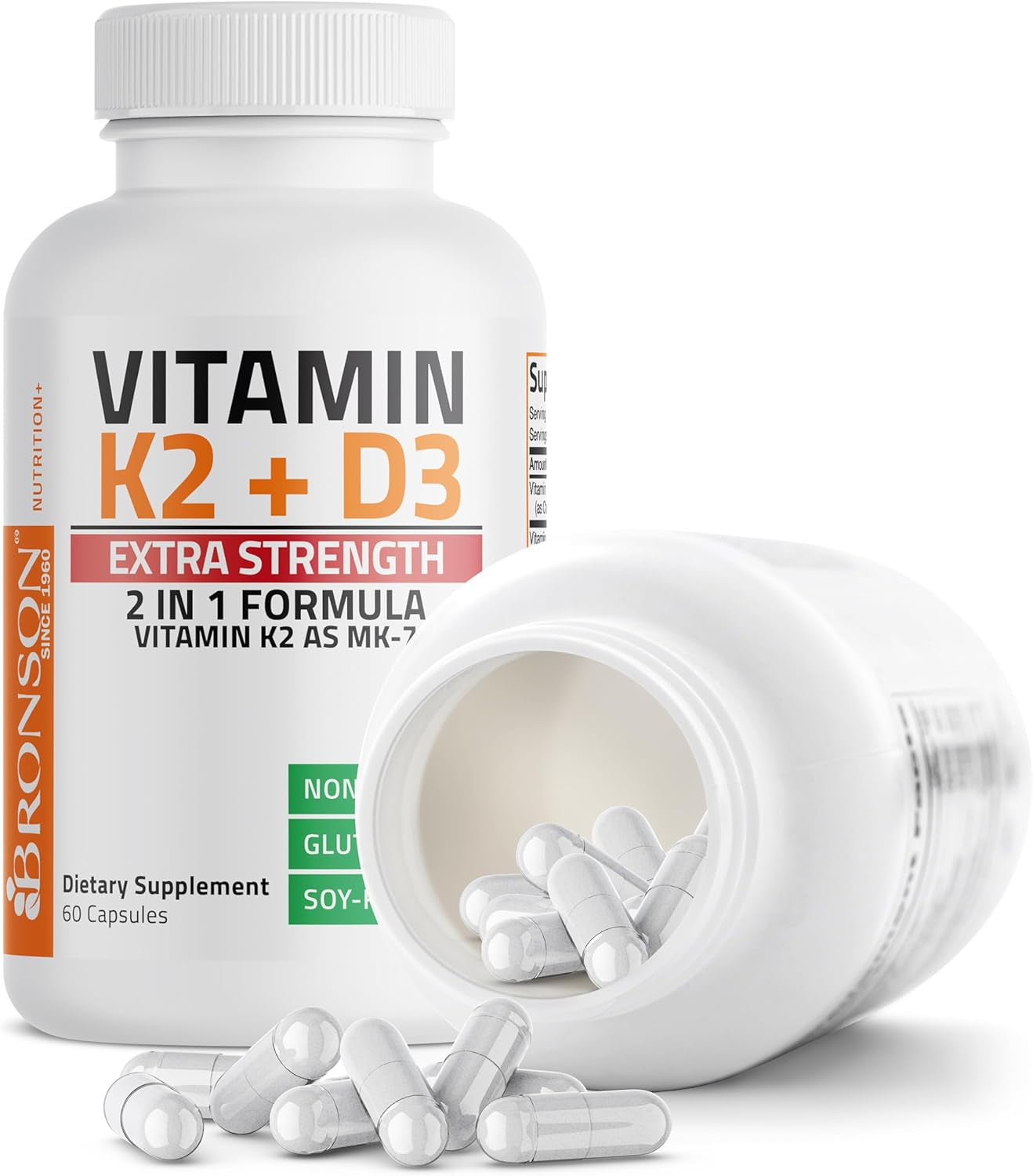 Bronson Vitamin K2 (MK7) with D3 Extra Strength Supplement Bone Health Non-Gmo Formula 10,000 IU & 120 Mcg MK-7 Easy to Swallow D K, 60 Capsules