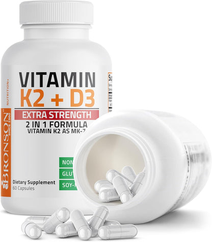 Bronson Vitamin K2 (MK7) with D3 Extra Strength Supplement Bone Health Non-Gmo Formula 10,000 IU & 120 Mcg MK-7 Easy to Swallow D K, 60 Capsules