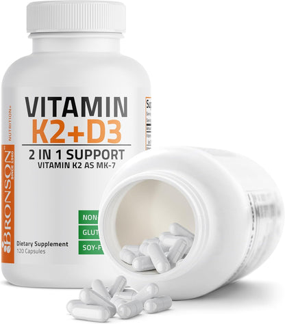 Bronson Vitamin K2 (MK7) with D3 Supplement Non-Gmo Formula 5000 IU Vitamin D3 & 90 Mcg K2 MK-7 Easy to Swallow D & K Complex, 120 Capsules