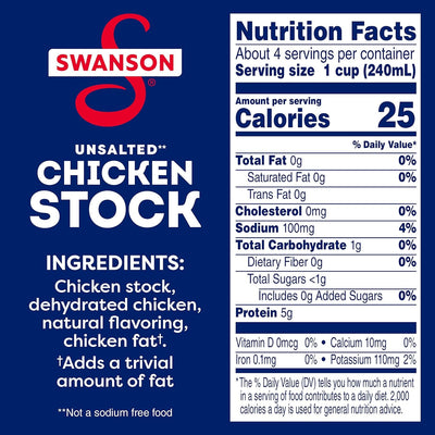 100% Natural Unsalted Chicken Stock,32 Oz Carton