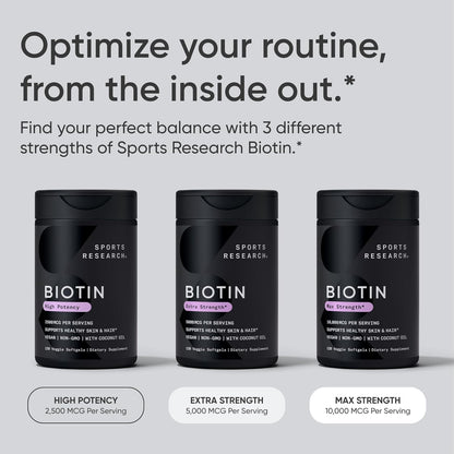 Sports Research® Biotin 10,000Mcg with Organic Coconut Oil - Biotin (Vitamin B7) for Healthy Skin and Hair Support* - for Women and Men - Vegan, Non-Gmo, Gluten & Soy-Free - 120 Veggie Softgels